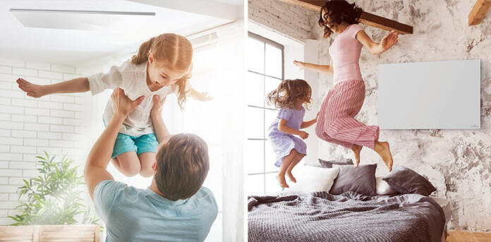 Oče dviguje hčerko in mama ter hči skačeta po postelji