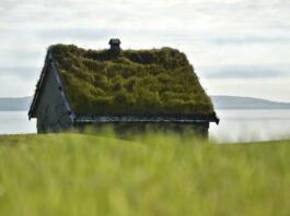 Kamnita koča z zeleno streho, na kateri raste trava, v ozadju je videti morje