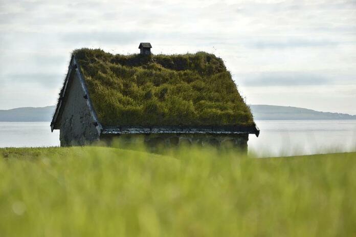 Kamnita koča z zeleno streho, na kateri raste trava, v ozadju je videti morje
