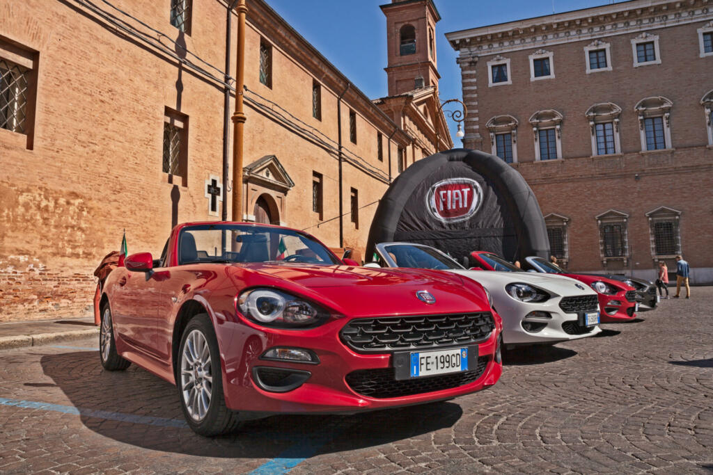 Forli, Italy - April 22, 2018: convertible sports cars Fiat 124 Spider parked during the first car meeting of Nuova 124 Spider Club Italia