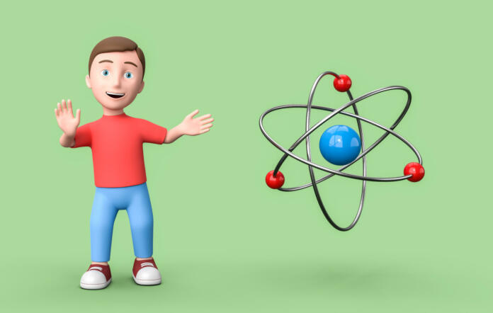 Happy Young Kid 3D Cartoon Character and Atom Symbol Structure on Green Background with Copy Space 3D Illustration, Science Concept