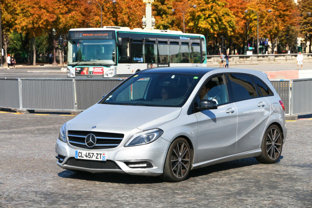 Paris, France - September 15, 2019: Grey compact car Mercedes-Benz B-class (W246) in the city street.