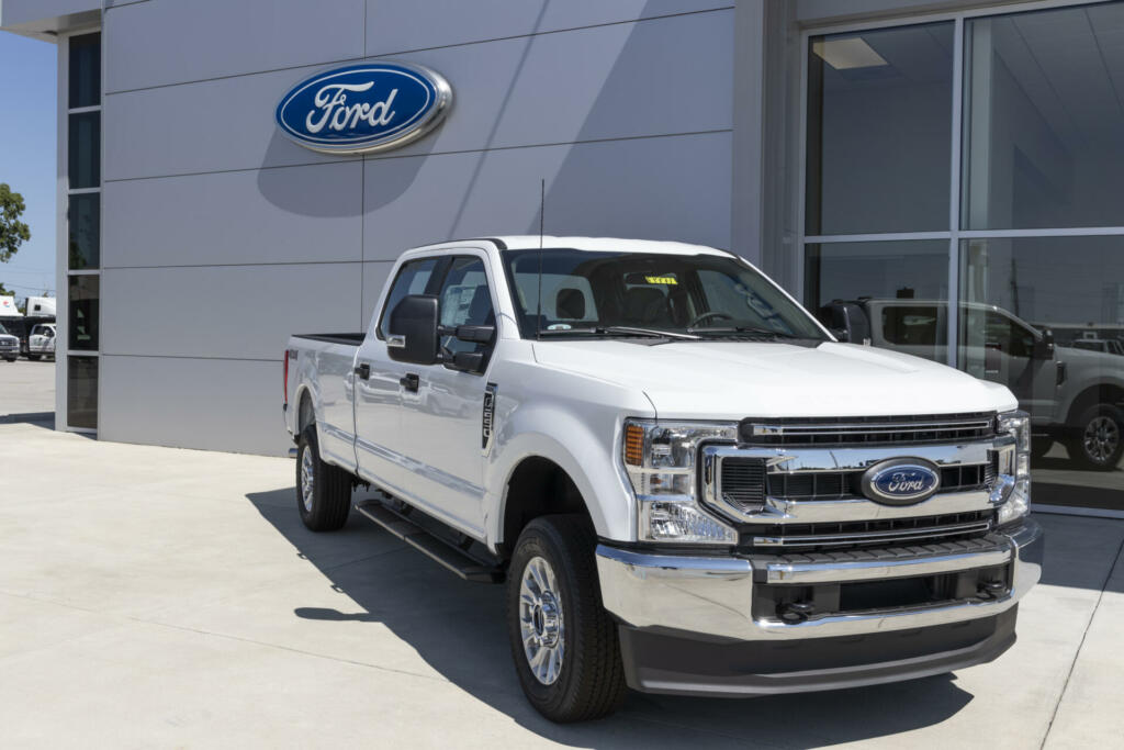Indianapolis - Circa September 2021: Ford F-250 display at a dealership. The Ford F250 is available in XL, XLT, Lariat, King Ranch, and Platinum models.
