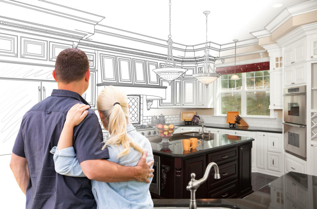 Couple Facing Custom Kitchen Drawing Gradating To Photo.