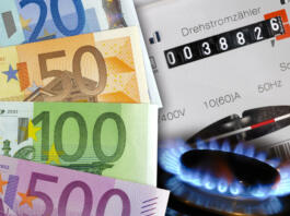 euro cash, gas flame and electric meter as symbol for expensive energy costs
