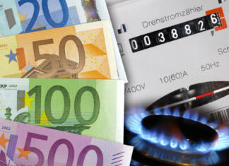 Kateri dobavitelj ponuja najcenejšo električno energijo in zemeljski plin? euro cash, gas flame and electric meter as symbol for expensive energy costs
