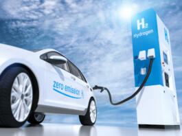 hydrogen logo on gas stations fuel dispenser. h2 combustion engine for emission free ecofriendly transport. 3d rendering