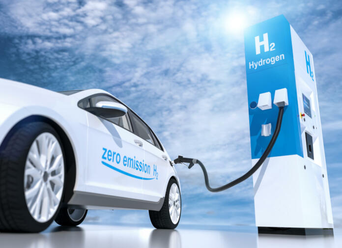 hydrogen logo on gas stations fuel dispenser. h2 combustion engine for emission free ecofriendly transport. 3d rendering