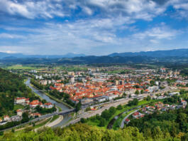 Landscape with city of Celje cityscape in Slovenia, Savinja northeastern region.