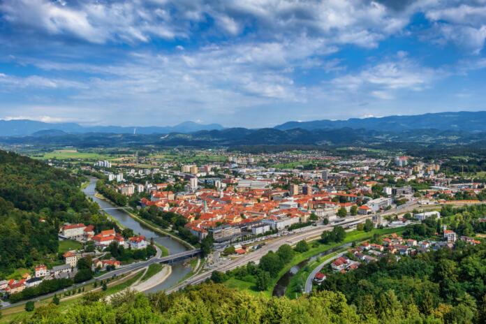Landscape with city of Celje cityscape in Slovenia, Savinja northeastern region.