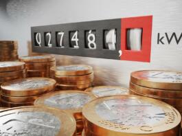 Electrometer is measuring power consumption. Coins in foreground. Expensive electricity concept. 3D rendered illustration.
