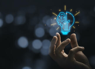 Razpis za podjetniško podporno okolje v višini 3 milijonov evrov Hand holding drawing virtual lightbulb with brain on bokeh background for creative and smart thinking idea concep