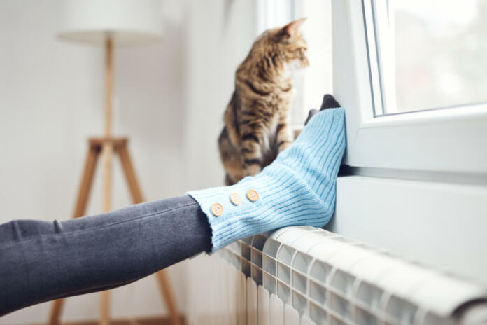 Woman's feet with woolen socks, domestic cat, enjoying inside home on the radiator.