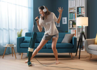 Cheerful woman cleaning up her home and singing, she is using the vacuum cleaner as a microphone