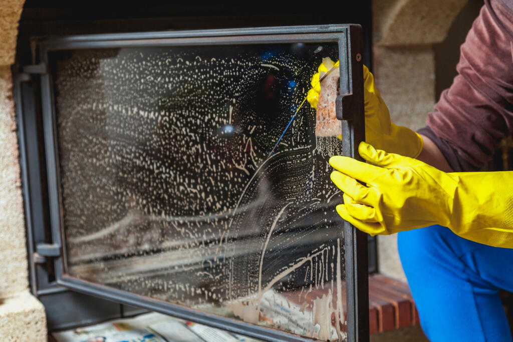 Cleaning the fireplace. Hands in yellow rubber gloves wash the glass smoked fireplace door with a sponge