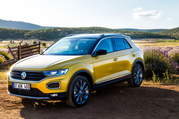 Isparta/Turkey July 12 2019 Volkswagen T-Roc subcompact crossover SUV car in lavender field