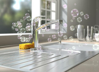 Čiščenje pomivalnega korita: Kako očistiti korito iz nerjavečega jekla, da se blešči? A lot of soap bubbles floating in the air at a kitchen environment washing dishes.