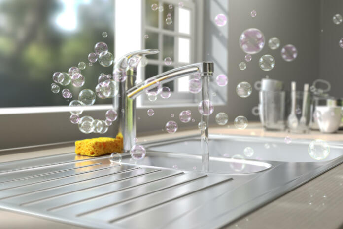 A lot of soap bubbles floating in the air at a kitchen environment washing dishes.
