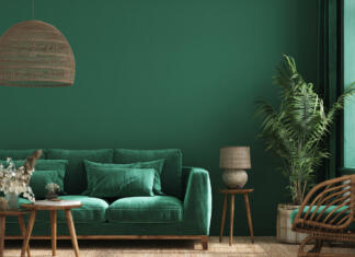 Takšne naj bodo barve sten posameznih prostorov Home interior background with green sofa, table and decor in living room, 3d render