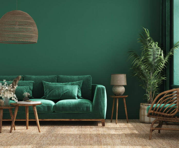 Home interior background with green sofa, table and decor in living room, 3d render
