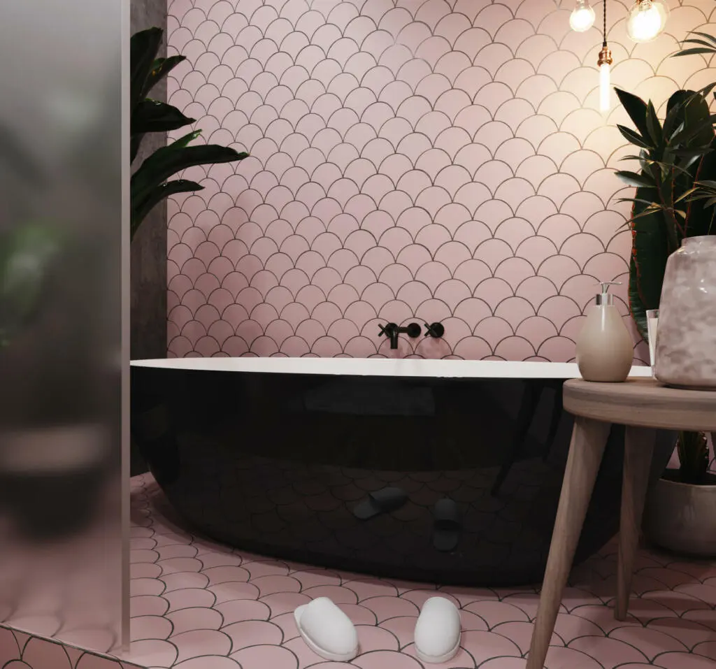Interior of a modern bathroom with pink tiled walls, black and white bath and houseplants. Scandinavian style. 3d rendering