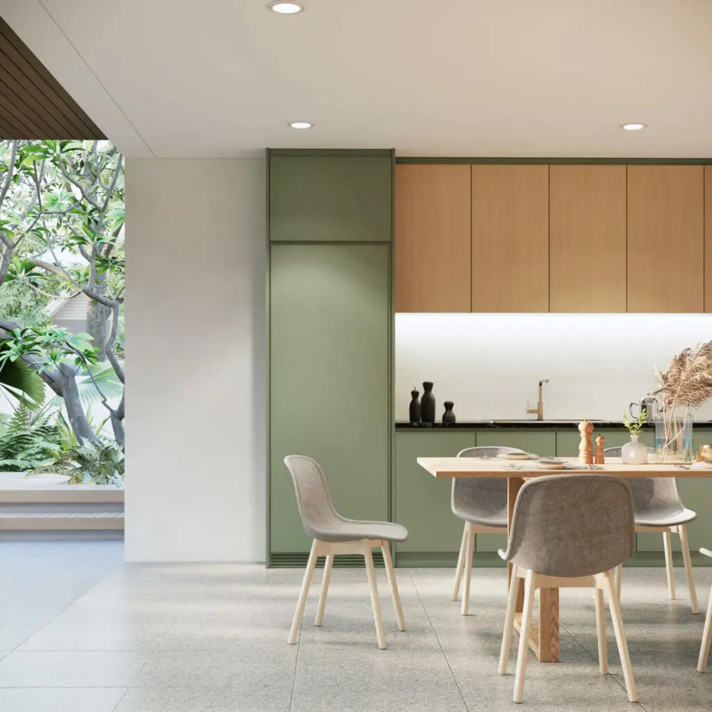japandi modern scandinavian style apartment interior design, kitchen and dining room design, 3d background
