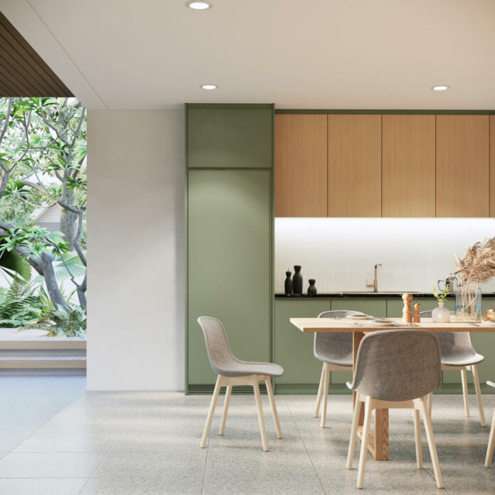 japandi modern scandinavian style apartment interior design, kitchen and dining room design, 3d background