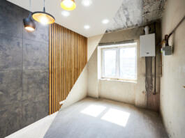 New kitchen before renovation works and after, creative combination of black wallpaper and wood planks on wall, shiny tiles on the floor and different modern chandeliers hanging from ceiling