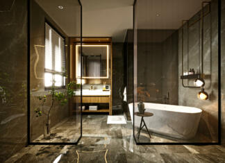 Trendi kopalnic 2023 3d render of modern bathroom