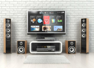 Vodič po nakupu televizorjev (del 5): zvok Home cinemar system. TV, oudspeakers, player and receiver in the room. 3d