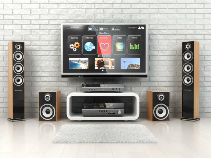 Home cinemar system. TV,  oudspeakers, player and receiver  in the room. 3d