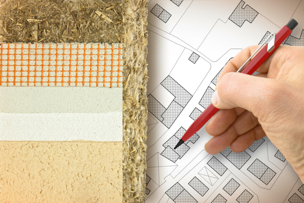 Thermal insulation coatings with hemp for building energy efficiency and reduce thermal losses - Concept image with hand drawing over a cadastral city map