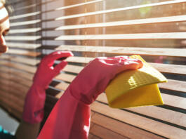 woman cleaning wooden window blinds from dust at home on sunny day