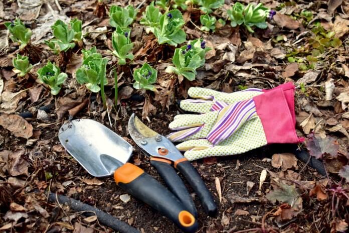 Yard clean up after winter, clearing up mulch and garden debris for seasonal growth. Photo background, landscaping work. Lifestyle hobbies