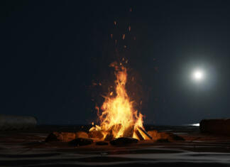 8 napotkov za kurjenje kresa 3d rendering of large bonfire with sparks and particles in front of full moon light at sand beach