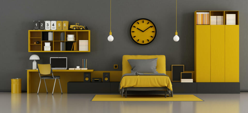 Black and yellow kids room with bed and desk - 3d rendering