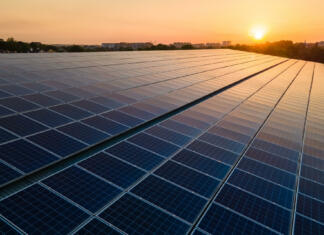 Objavljen je Javni razpis za sofinanciranje naložb v skupnostno samooskrbo z električno energijo Blue photovoltaic solar panels mounted on building roof for producing clean ecological electricity at sunset. Production of renewable energy concept.