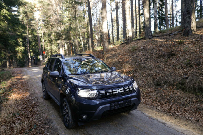 Borovets, Bulgaria - December 30, 2022: Shallow depth of field (selective focus) details with the new Dacia Duster car.