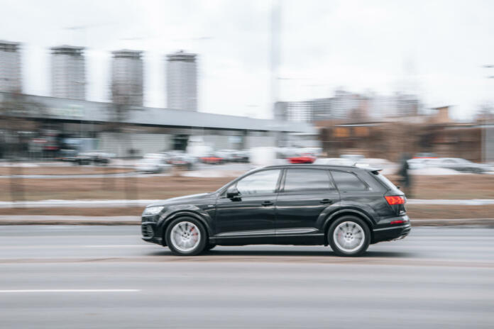Ukraine, Kyiv - 15 January 2022: Black Audi SQ7 car moving on the street. Editorial
