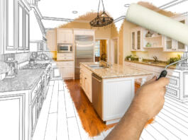 Before and After of Man Painting Roller to Reveal Newly Remodeled Kitchen Under Pencil Drawing Plans.