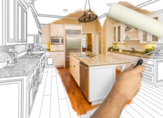 10 načinov, kako prihraniti denar pri opremljanju doma Before and After of Man Painting Roller to Reveal Newly Remodeled Kitchen Under Pencil Drawing Plans.