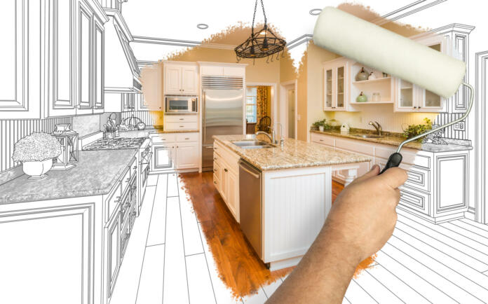 Before and After of Man Painting Roller to Reveal Newly Remodeled Kitchen Under Pencil Drawing Plans.