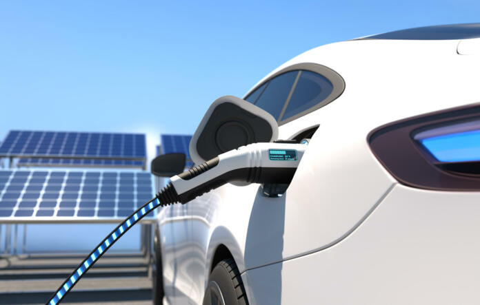 Electric car power charging, Charging technology, Clean energy filling technology. 3D illustration