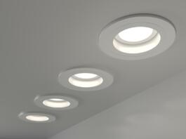 Spotlights recessed ceiling 3D render. Realistic interior room with round glowing downlights at night. Artificial lighting, LED lamps for home or office on dark background angle view, 3D illustration
