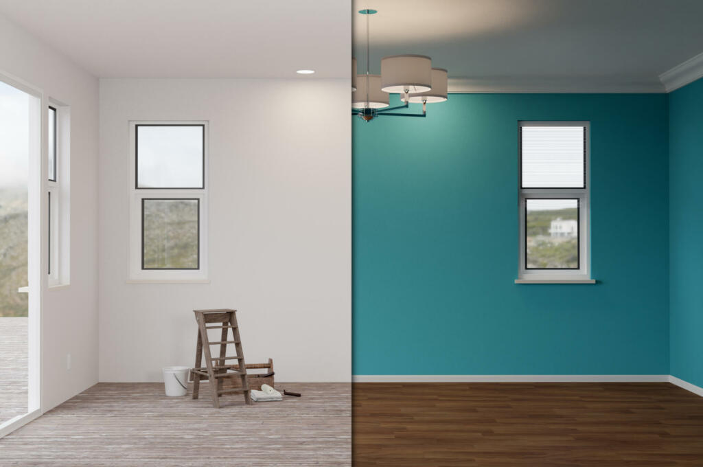 Unfinished Raw and Newly Remodeled Room of House Before and After with Wood Floors, Moulding, Rich Blue Paint and Ceiling Lights.