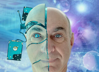 Lahko AI povzroči izumrtje človeške rase? Fantasy portrait of a man with dreams and fantasies and artificial intelligence.