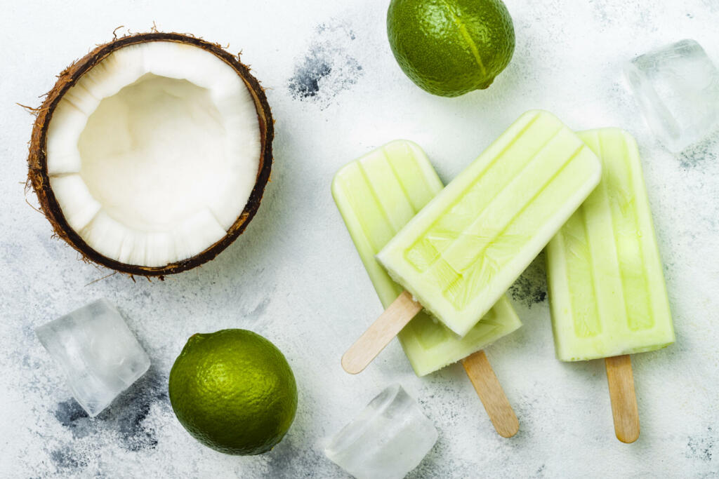 Homemade vegan frozen coconut mojito popsicles - ice pops - paletas with chia seeds