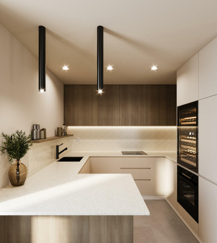 Modern small kitchen interior design. 3D Rendering, 3D Illustration