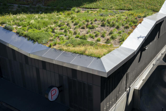 Portland, OR, USA - July 4, 2021: The green roof of the YARD apartments parking garage in Portland, Oregon.