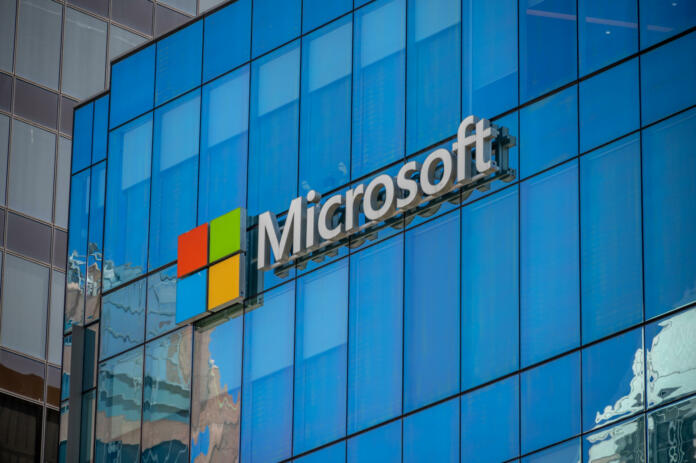 Vancouver, British Columbia - July 23, 2022: Microsoft logo on an office tower exterior in downtown Vancouver.